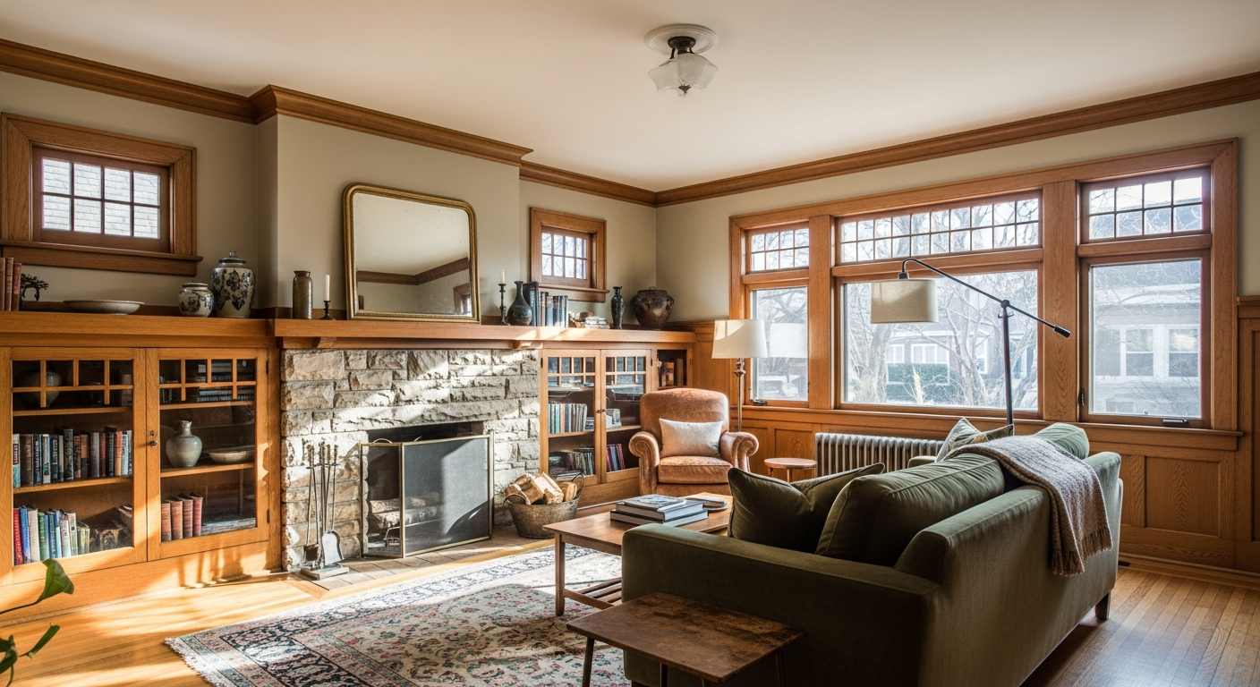 Restored Denver Craftsman bungalow interior with warm wood built-ins and original detail